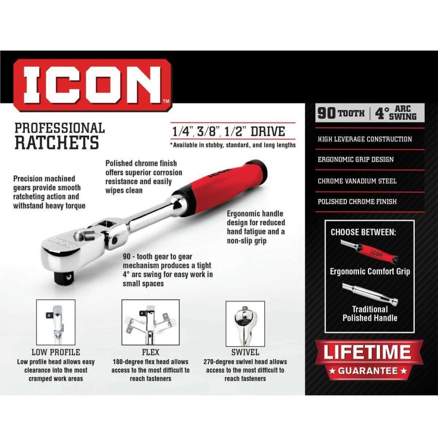 Hand Tool * | 1/2 In. Drive Professional Flex Head Ratchet With Comfort Grip Icon Online