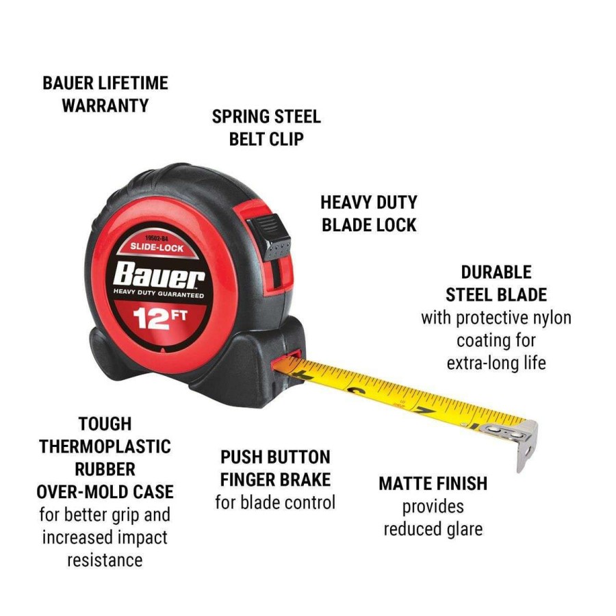 Hand Tool * | 12 Ft. X 5/8 In. Slide-Lock Tape Measure Bauer Hot Sale