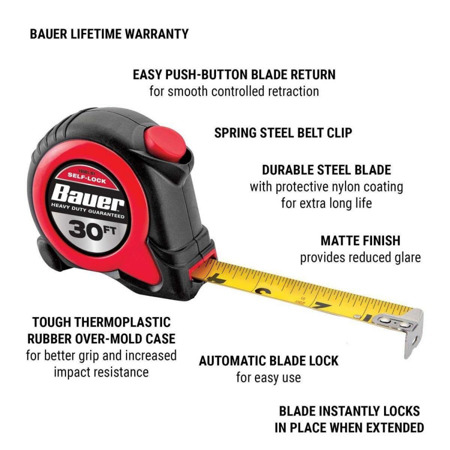 Hand Tool * | 30 Ft. X 1 In. Self-Locking Tape Measure Bauer Free Delivery